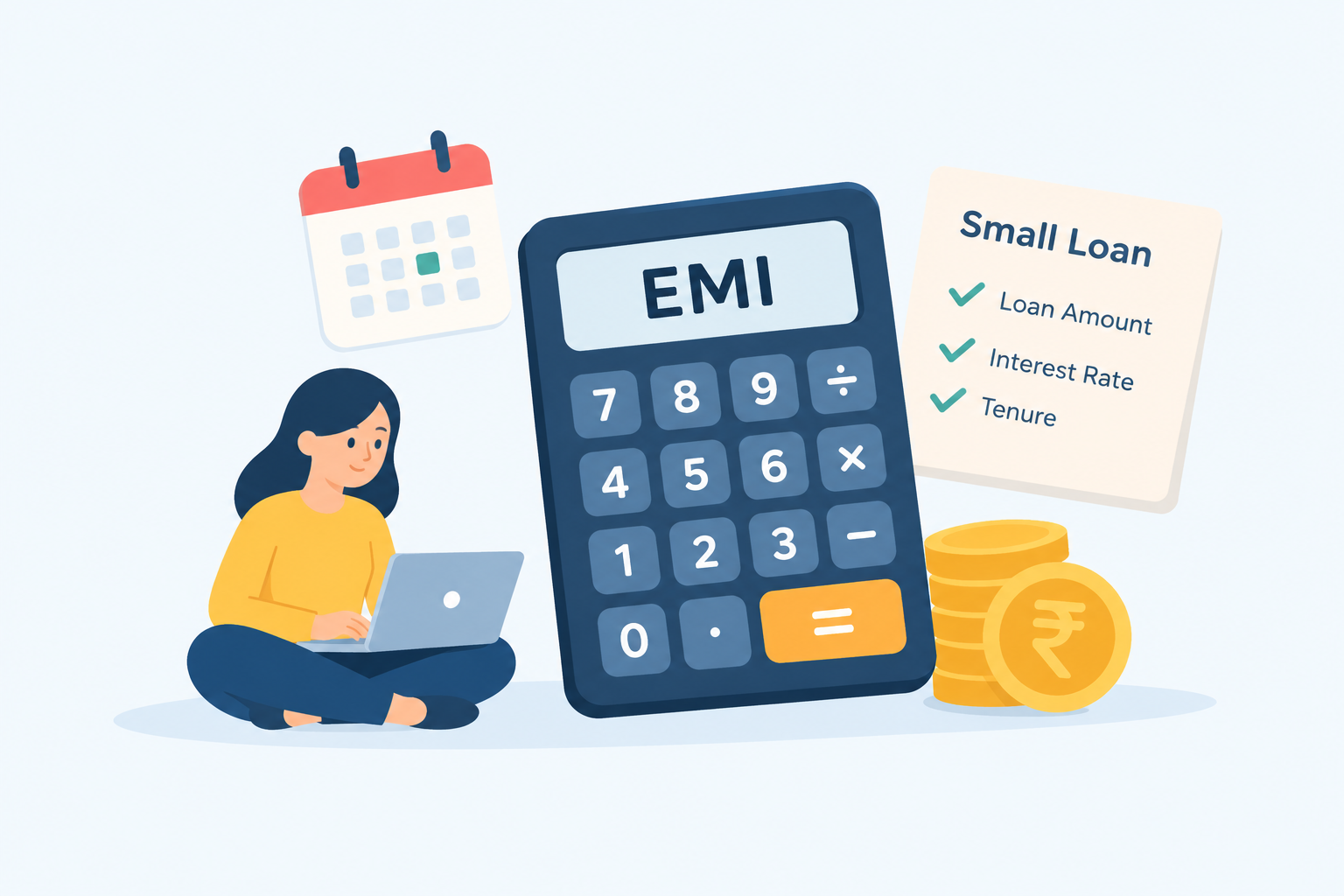 Small loan EMI calculator with rupee coins showing loan amount, interest rate, tenure, and monthly EMI calculation